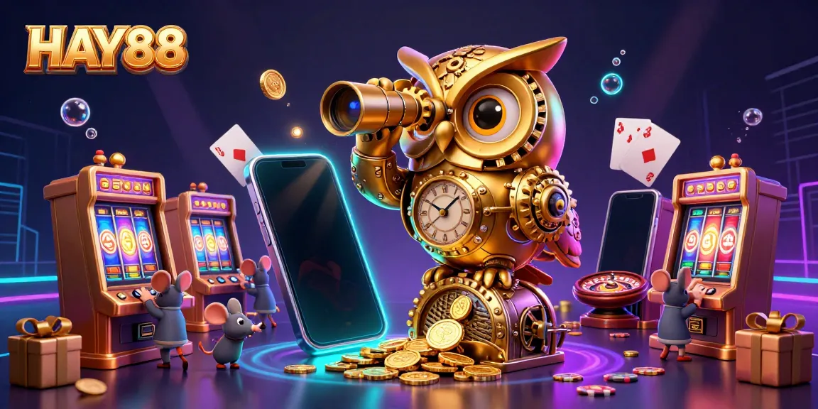 Engage with HAY88's thrilling gaming experience, featuring a vibrant casino scene with a golden owl and playful elements.