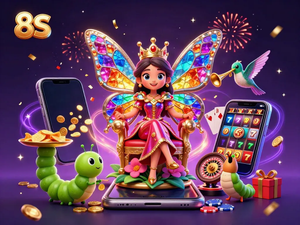 Engage with 8S in a vibrant slot game scene featuring a butterfly queen and dynamic casino elements.