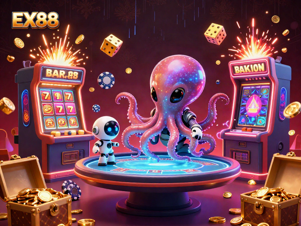 Exciting EX88 slot game action featuring a cartoon alien octopus at a holographic poker table.