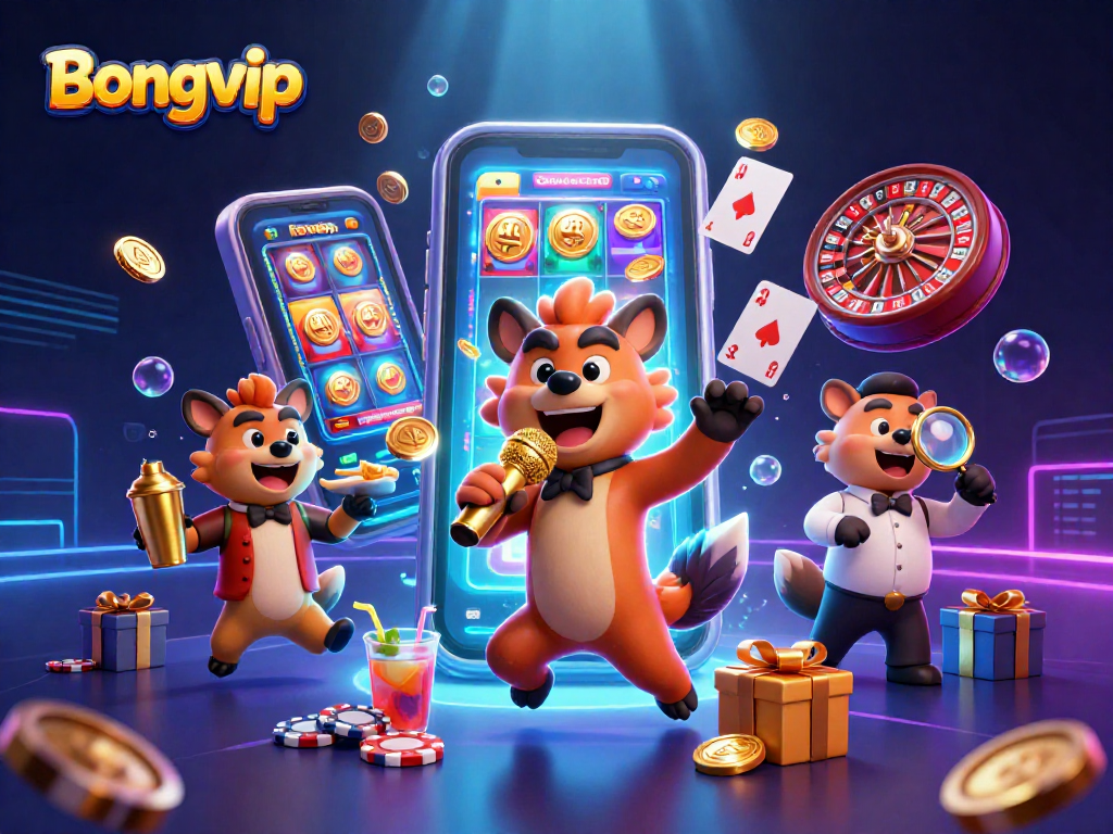 Bongvip offers dynamic casino fun with hyena characters celebrating card games and cocktails.
