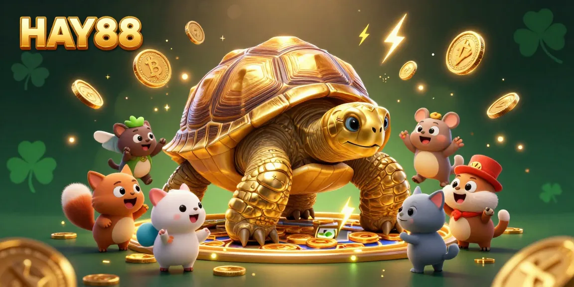 HAY88 engages players with a colossal golden tortoise pinball machine, vibrant coins, and rich symbols.