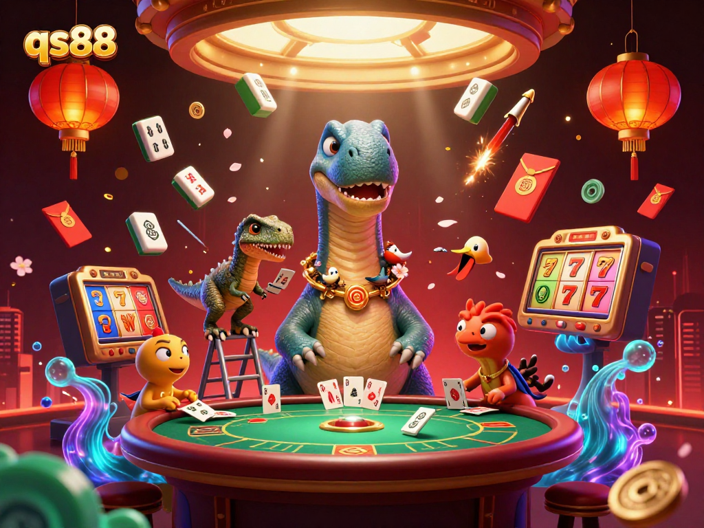 Engage with qs88's thrilling gaming scene as a gigantic brontosaurus oversees the poker table, showcasing vibrant slot reels.