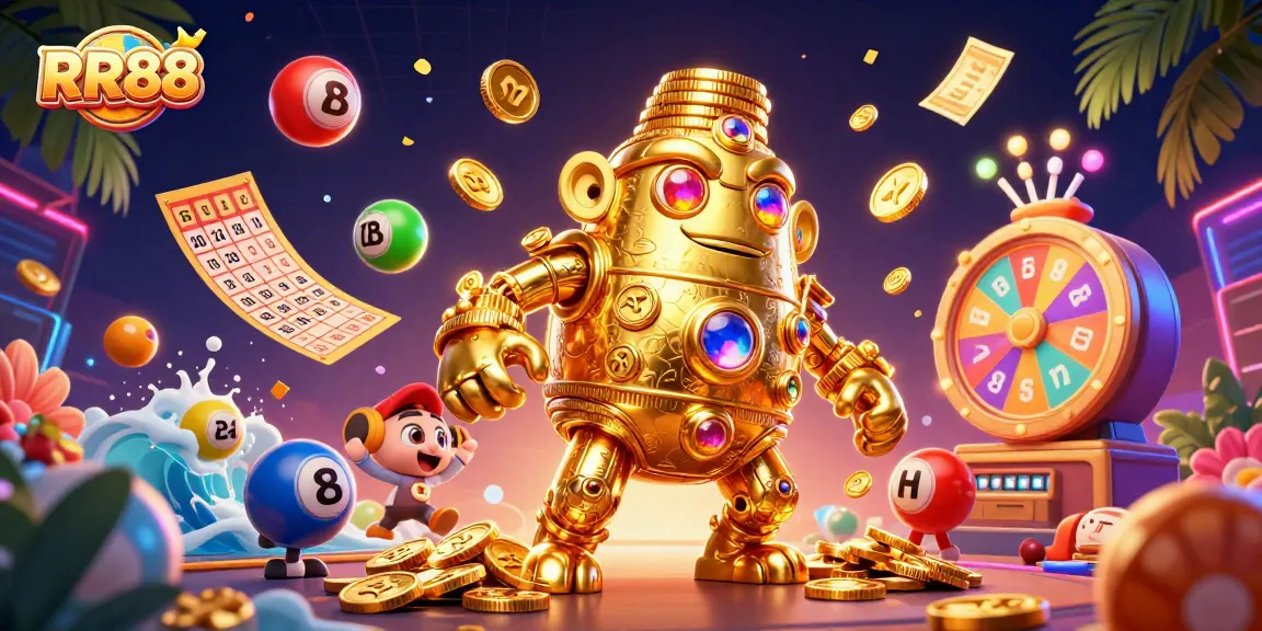 RR88 players enjoying vibrant lottery games and bonuses in an exciting casino scene.