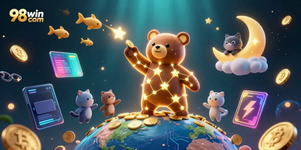 Win big at 98win com with stunning casino-themed 3D art, featuring a starry bear and vibrant rewards.