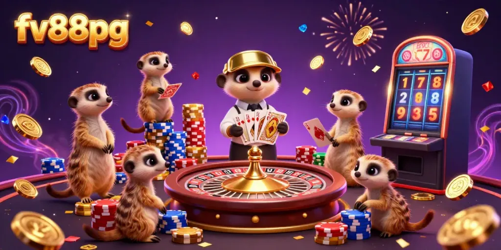 Experience exhilarating gaming with fv88pg where meerkats manage a colorful casino filled with golden coins and vibrant excitement.
