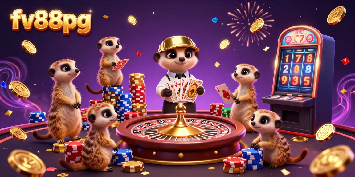 Experience exhilarating gaming with fv88pg where meerkats manage a colorful casino filled with golden coins and vibrant excitement.