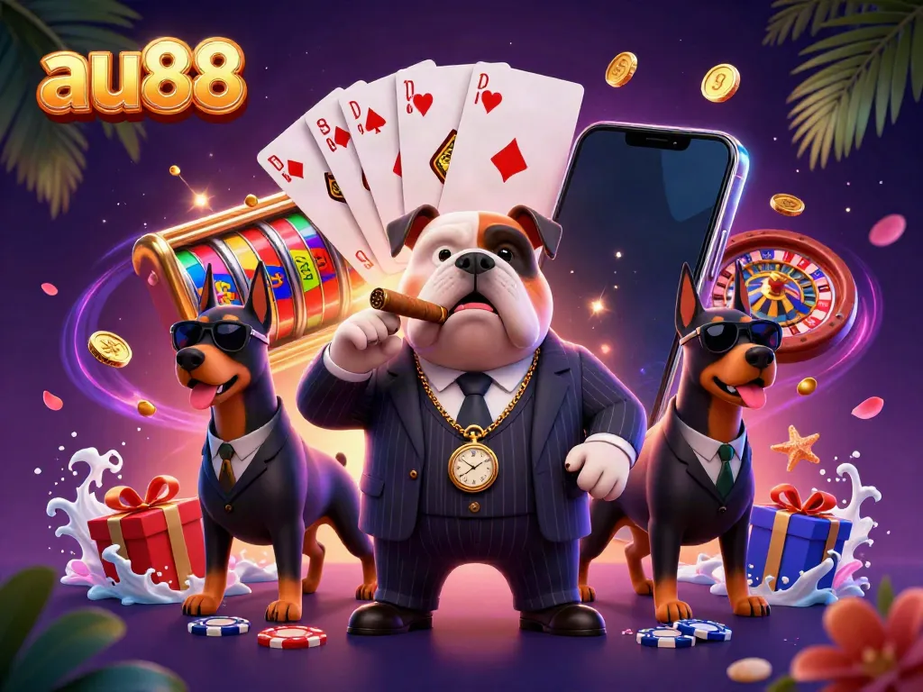 Experience the excitement of au88 with a 3D mafia-themed casino illustration featuring vibrant slot games.