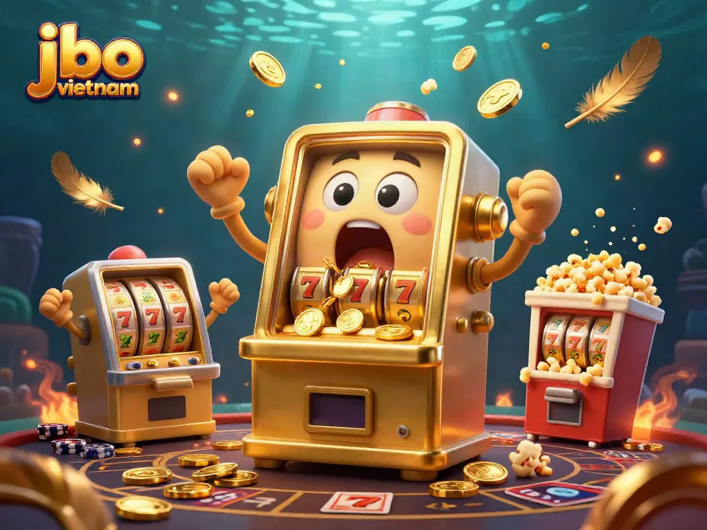 Experience the excitement of jbo vietnam with a golden slot machine winning a jackpot amidst lively casino elements.