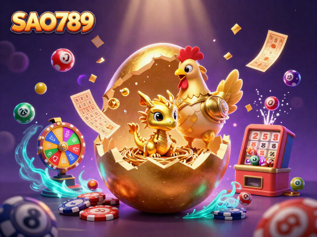 Experience the excitement of SAO789 with a vibrant casino scene full of golden treasures and jumping lottery balls.
