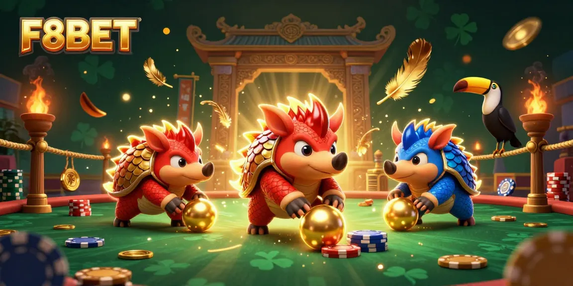 Experience a thrilling match at F8BET with rival pangolins, poker chips, and vibrant casino elements.