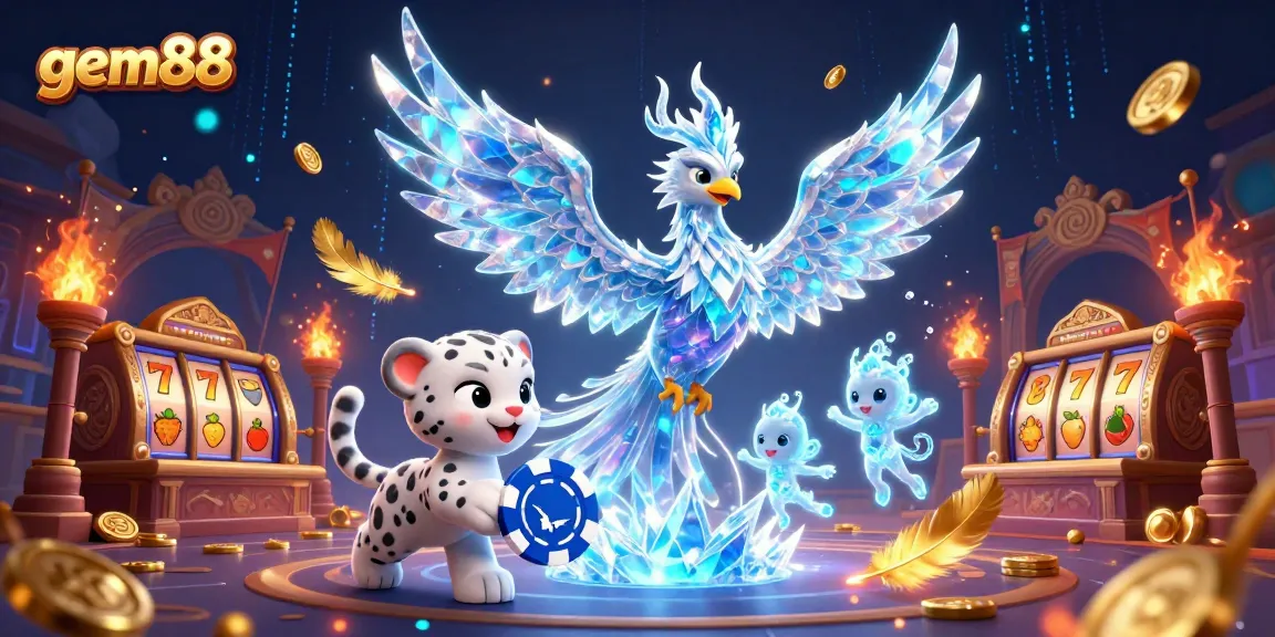 Experience thrill with gem88's dazzling 3D illustration of playful snowy characters in a vibrant casino ambiance.
