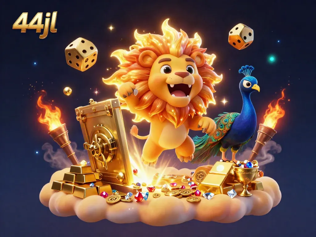 Engage in thrilling play at 44jl with a vibrant illustration of a roaring lion amidst golden treasures.