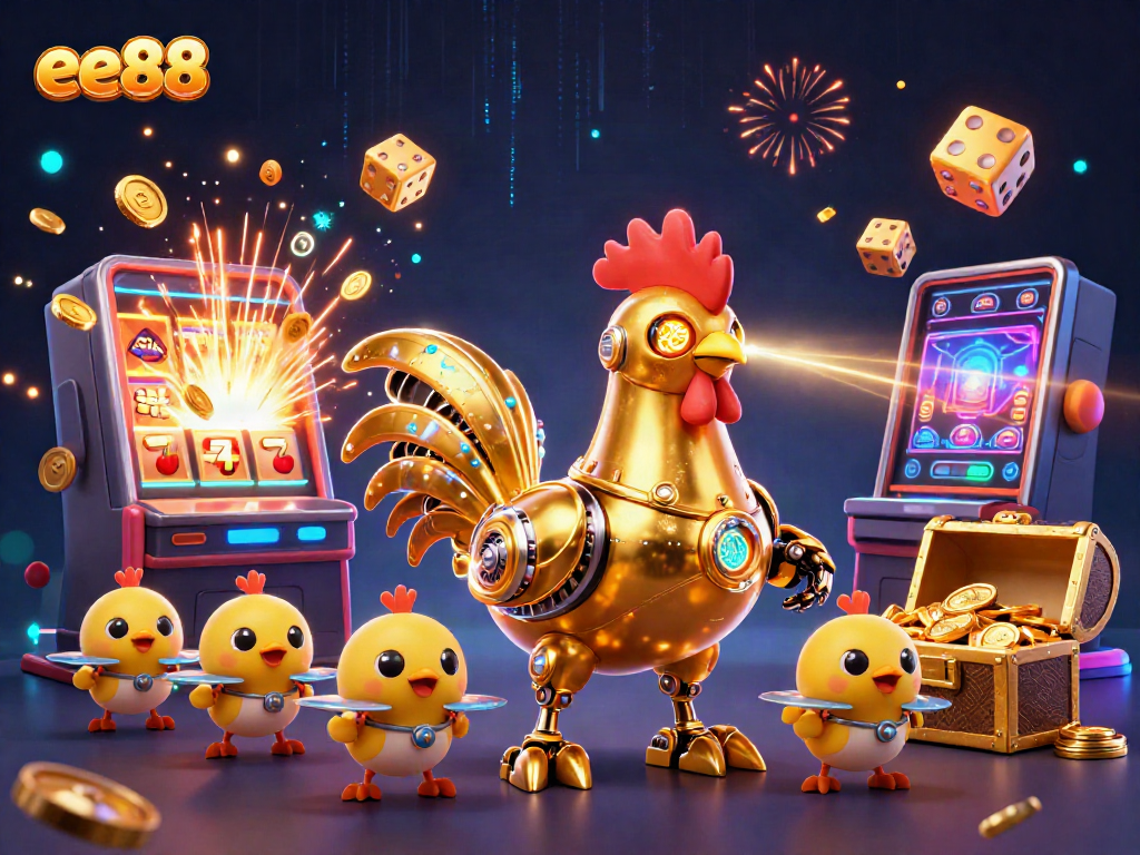 Experience thrilling gaming action with the ee88 golden rooster robot and baby chick drones amidst a jackpot explosion.