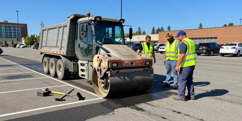 parking lot repair and maintenance Edmonton team working on asphalt repairs in vibrant urban setting