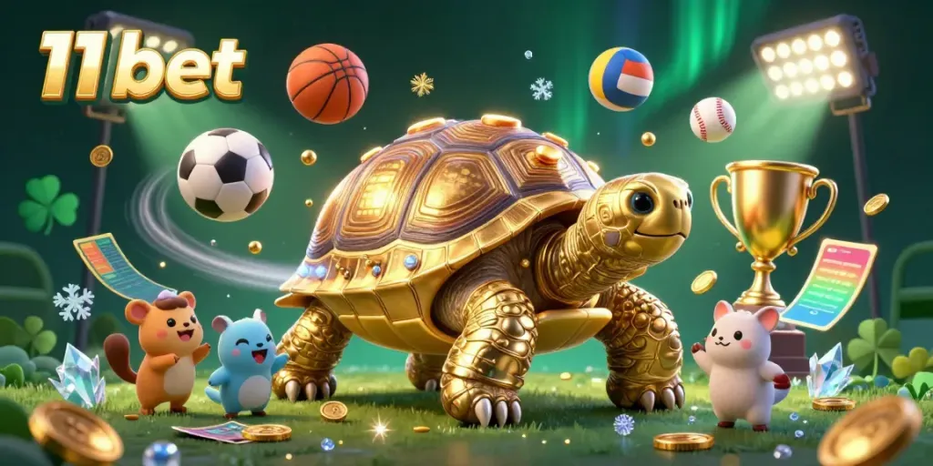 Experience thrilling gameplay at 11 bet with dynamic sports and casino elements surrounding a golden tortoise pinball machine.