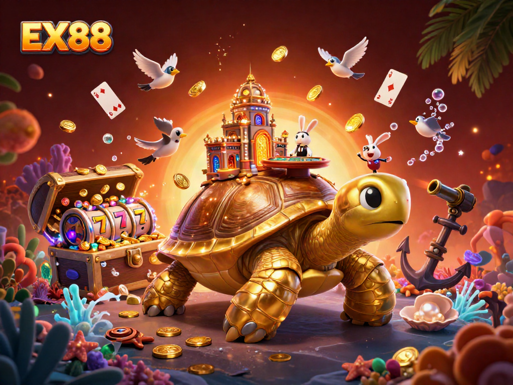 Experience the thrilling gameplay of EX88 with a vibrant golden tortoise casino scene.
