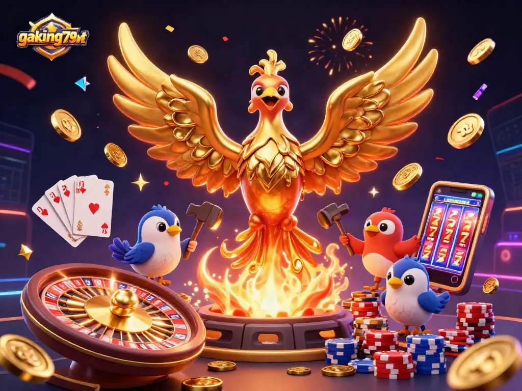 Experience thrilling gameplay at gaking79vt with a golden phoenix and cascading coins.
