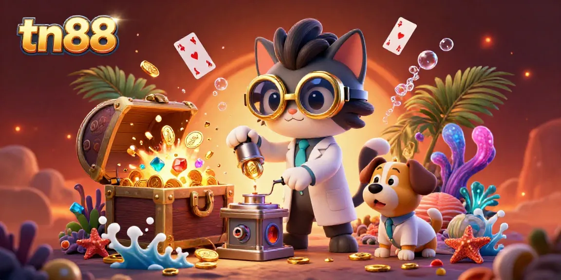 Experience tn88's thrilling casino world with a mad scientist cat and assistant surrounded by treasures and excitement.