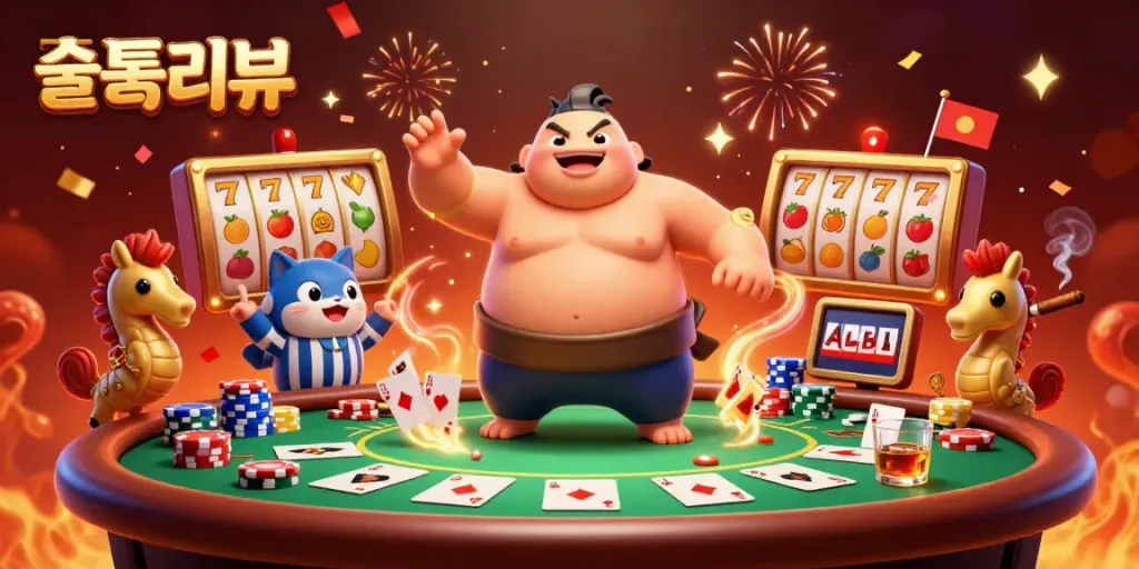 Experience the vibrant "슬롯리뷰" casino world with dynamic characters, vibrant poker elements, and colorful celebration details.