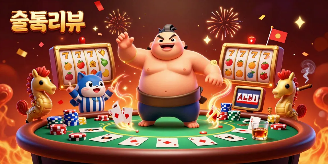 Experience the vibrant "슬롯리뷰" casino world with dynamic characters, vibrant poker elements, and colorful celebration details.