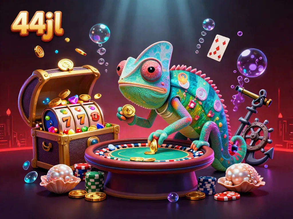 Engage with the chameleon casino owner at 44jl, surrounded by slot symbols and vibrant treasures.