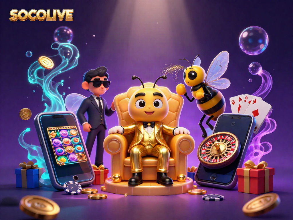 SOCOLIVE gambling scene with a cartoon bumblebee mob boss managing a bustling casino atmosphere, engaging players with colorful slot games and dynamic betting elements.