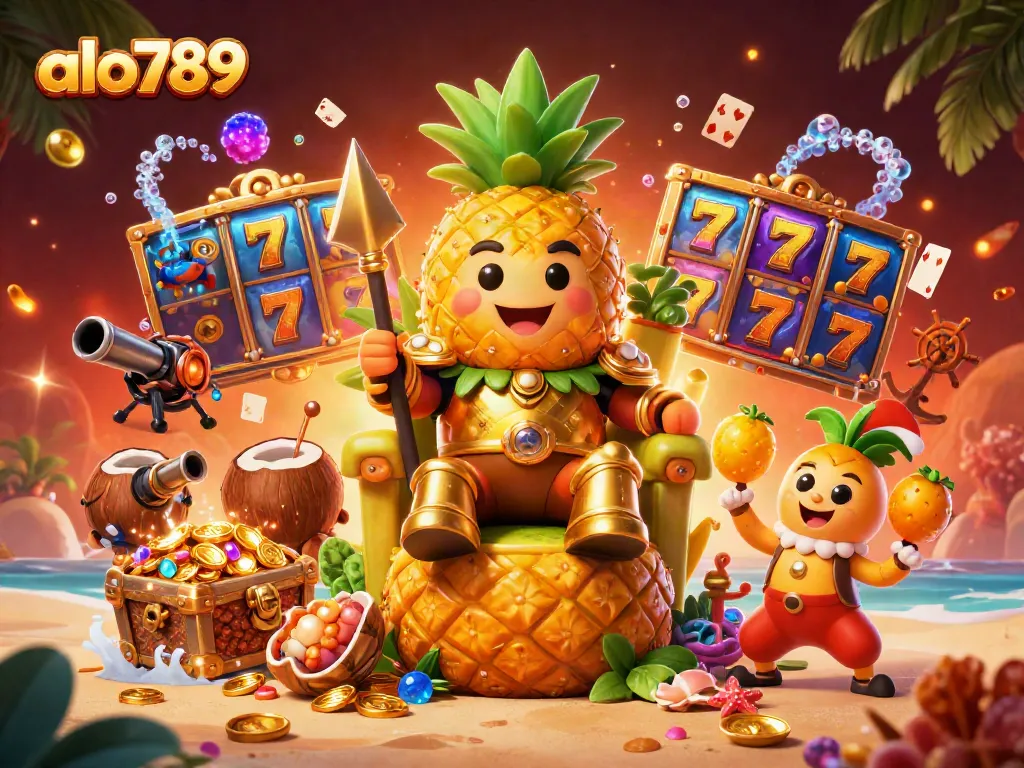 Spin to win with alo789's vibrant casino adventure featuring a golden pineapple king.