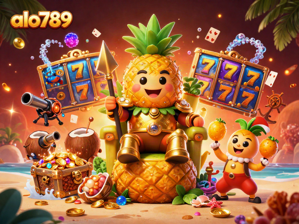 Spin to win with alo789's vibrant casino adventure featuring a golden pineapple king.