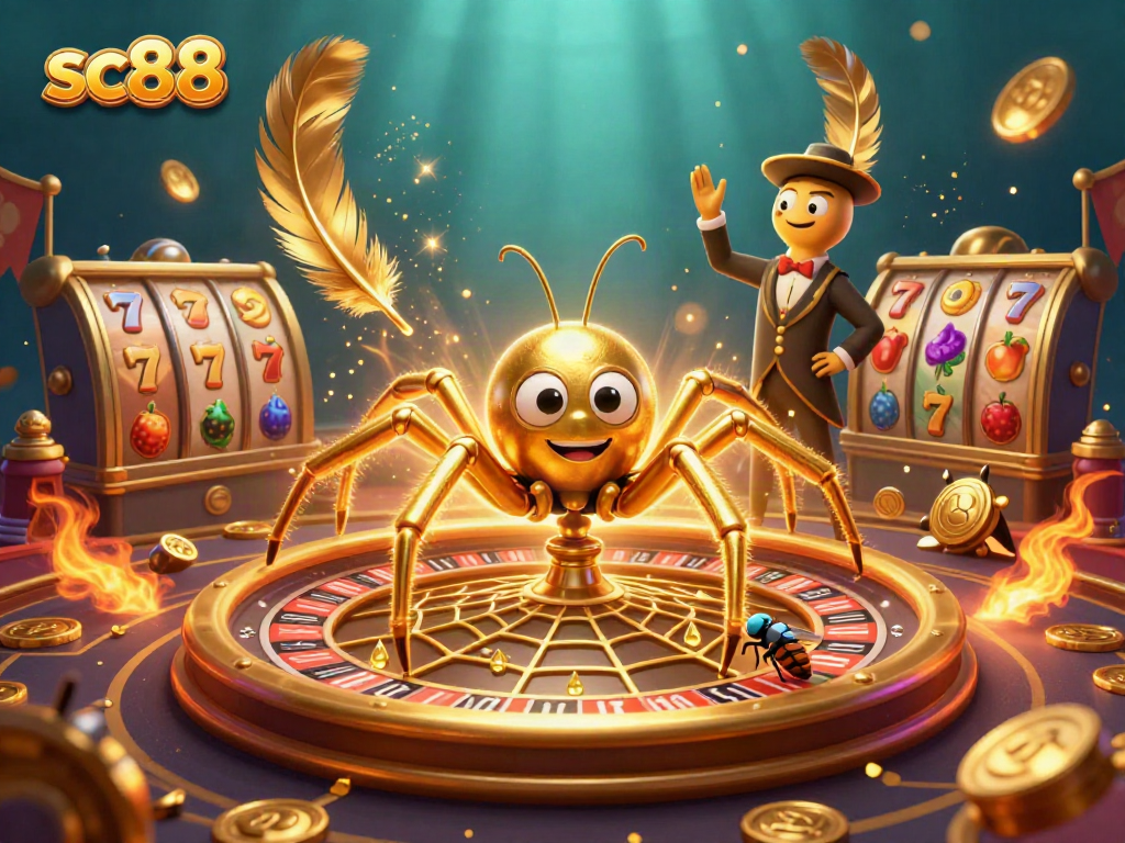 Engage with the thrilling sc88 casino action as the spider spins a roulette wheel web amidst exciting game elements.