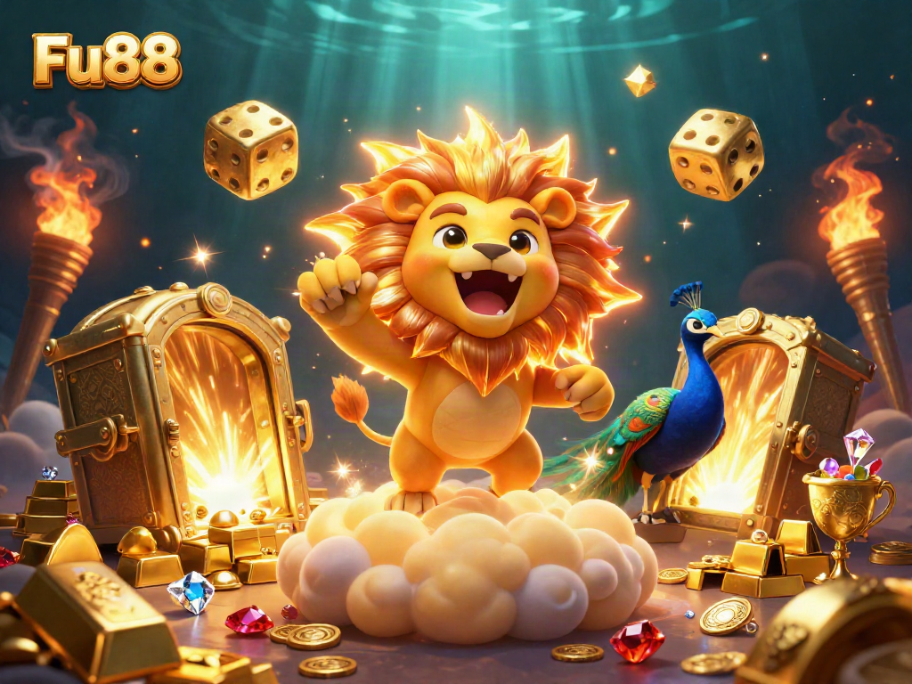 Engage with Fu88 as the sun lion roars amidst golden riches and lively casino theme.