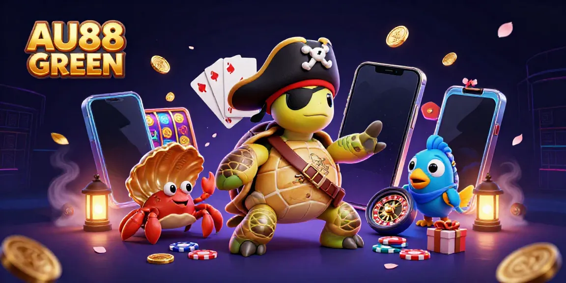 Play exciting games with AU88 GREEN characters amidst 3D casino elements and vibrant visuals.