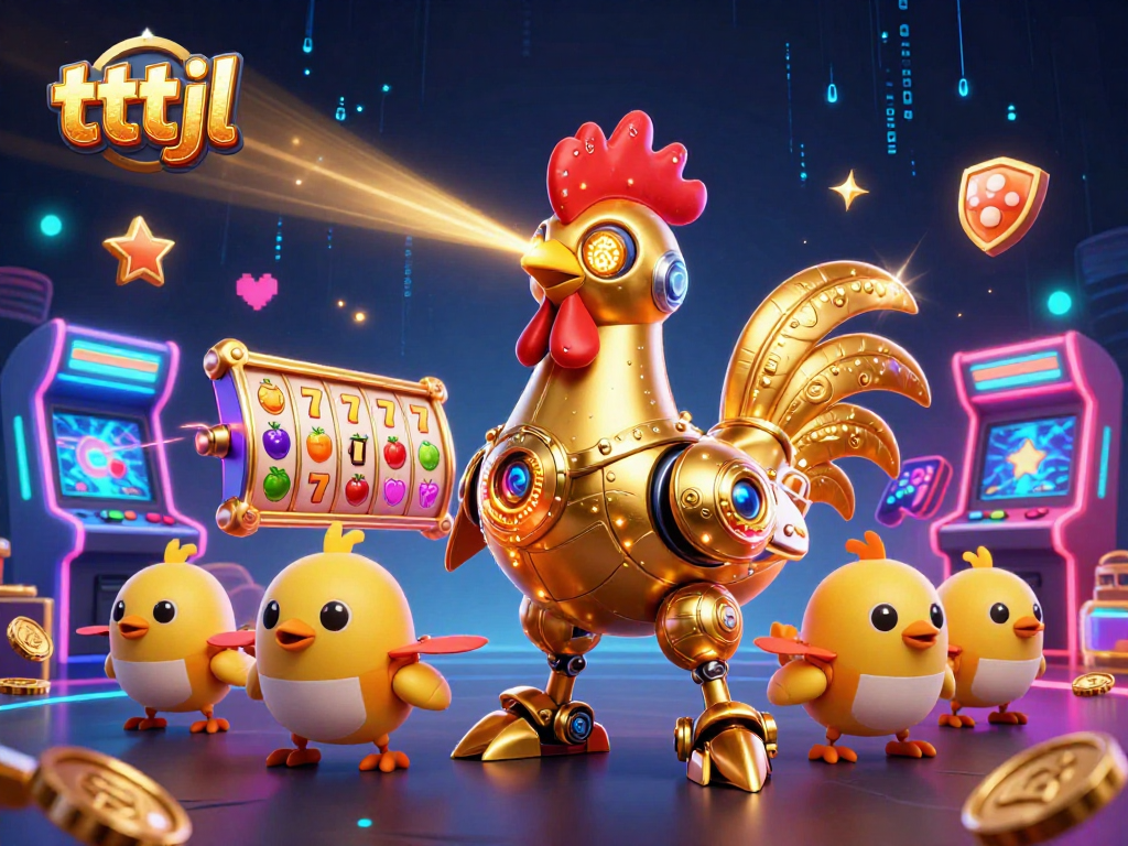 Engage in thrilling slot action with tttjl's golden rooster robot and vibrant game elements.