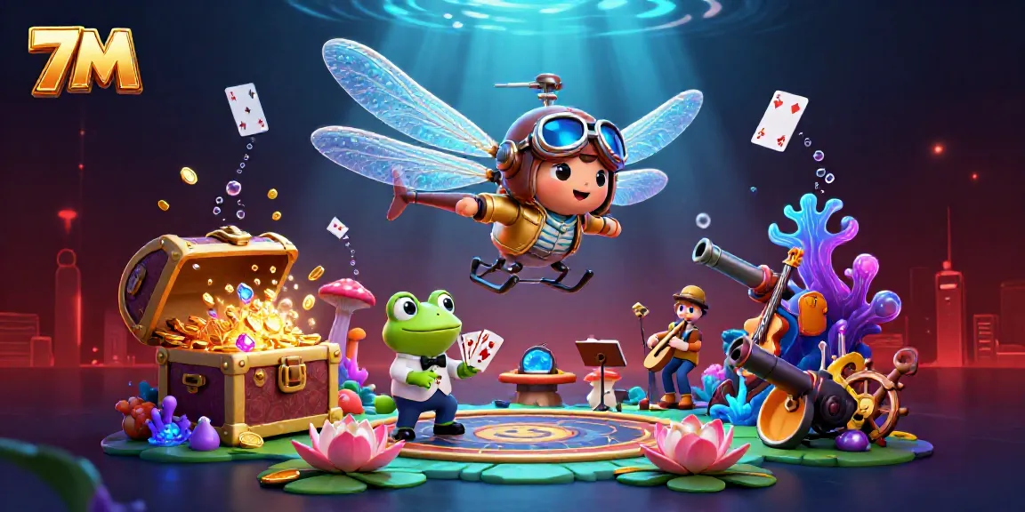 Engage with 7M's unique entertainment as the dragonfly pilot soars over a vibrant lily pad casino.