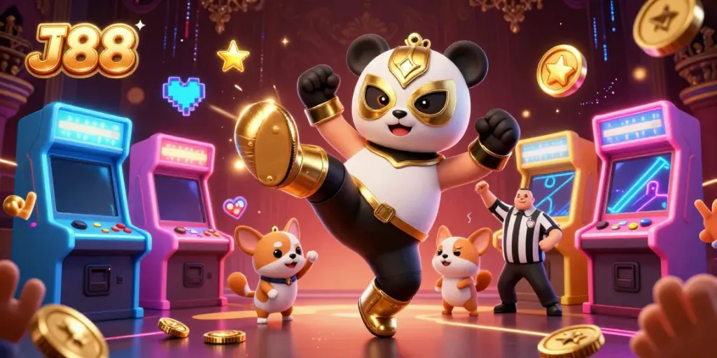 Experience the thrill of J88 with a charismatic panda wrestler flying amidst a vibrant casino arcade atmosphere.