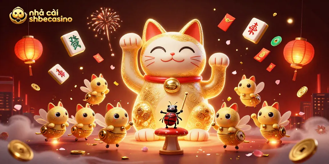 Engage with the enchanting atmosphere of nhà cái shbetcasino featuring a golden lucky cat and dynamic casino elements.