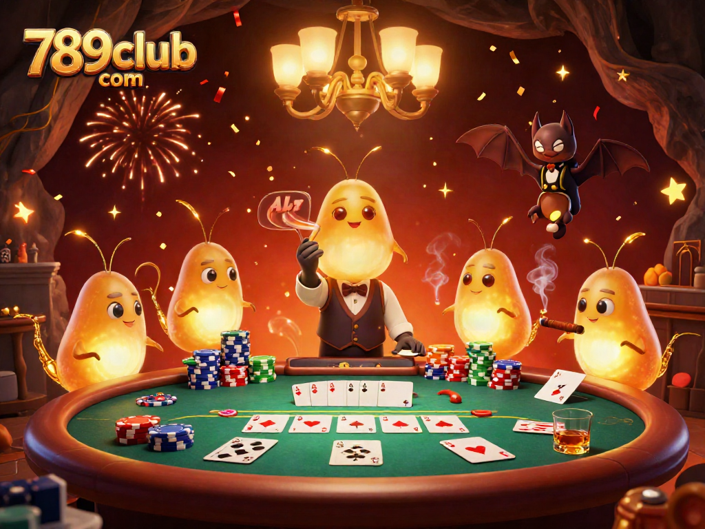Experience the excitement of poker at 789club com in a glowing cave casino with unique characters.
