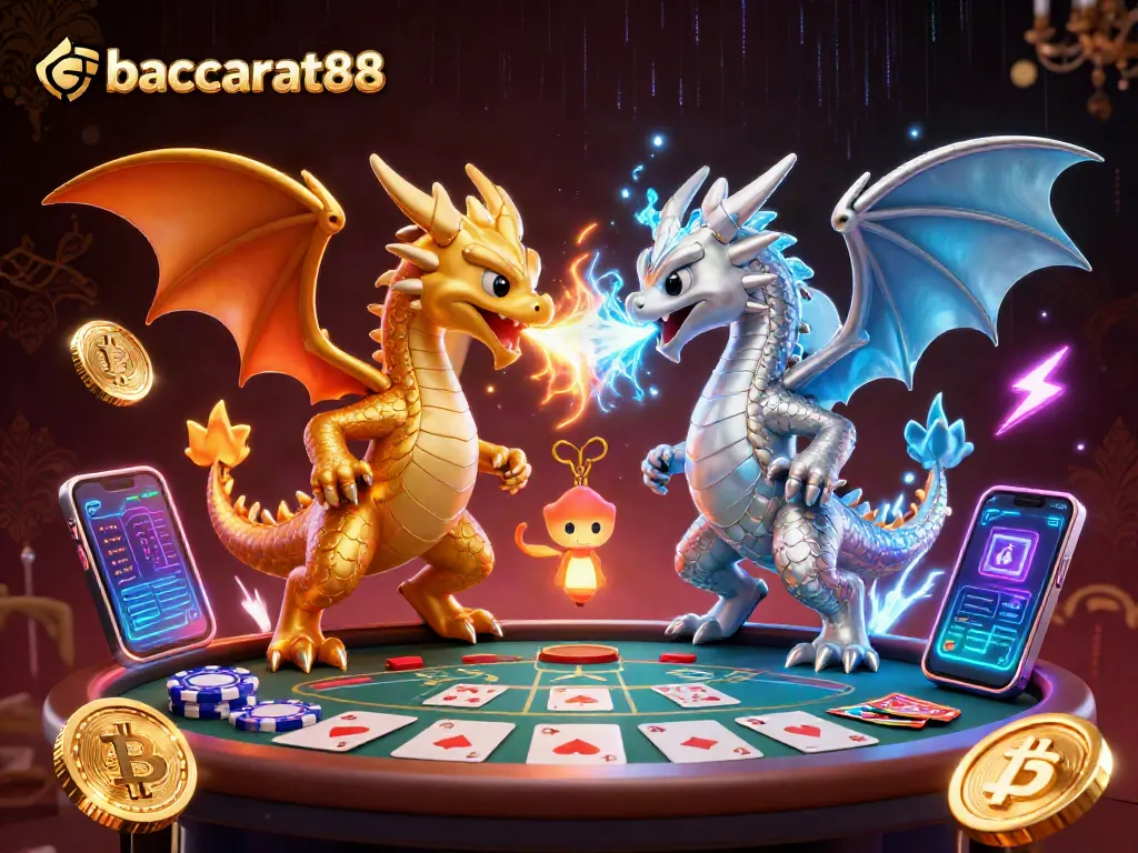 Baccarat88 showcases thematic dragons in a dynamic casino scene with baccarat elements and crypto coins.