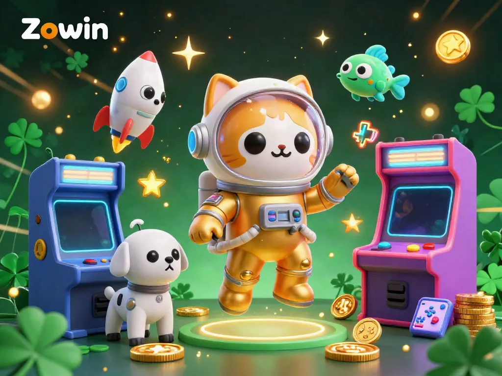 Zowin's vibrant gaming universe featuring a cartoon astronaut cat and arcade elements.