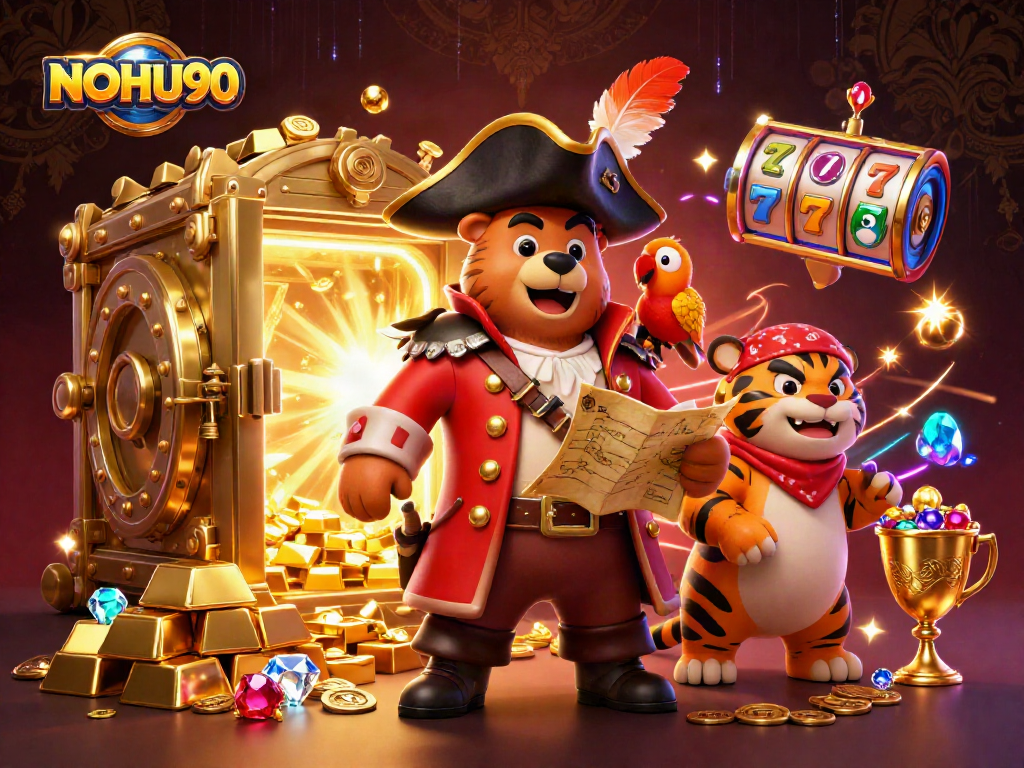 Experience thrilling slots at NOHU90 with a vibrant 3D illustration showcasing exciting treasure elements.