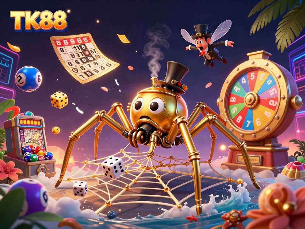 Catch dice and lottery balls in TK88 themed steampunk casino web illustration.