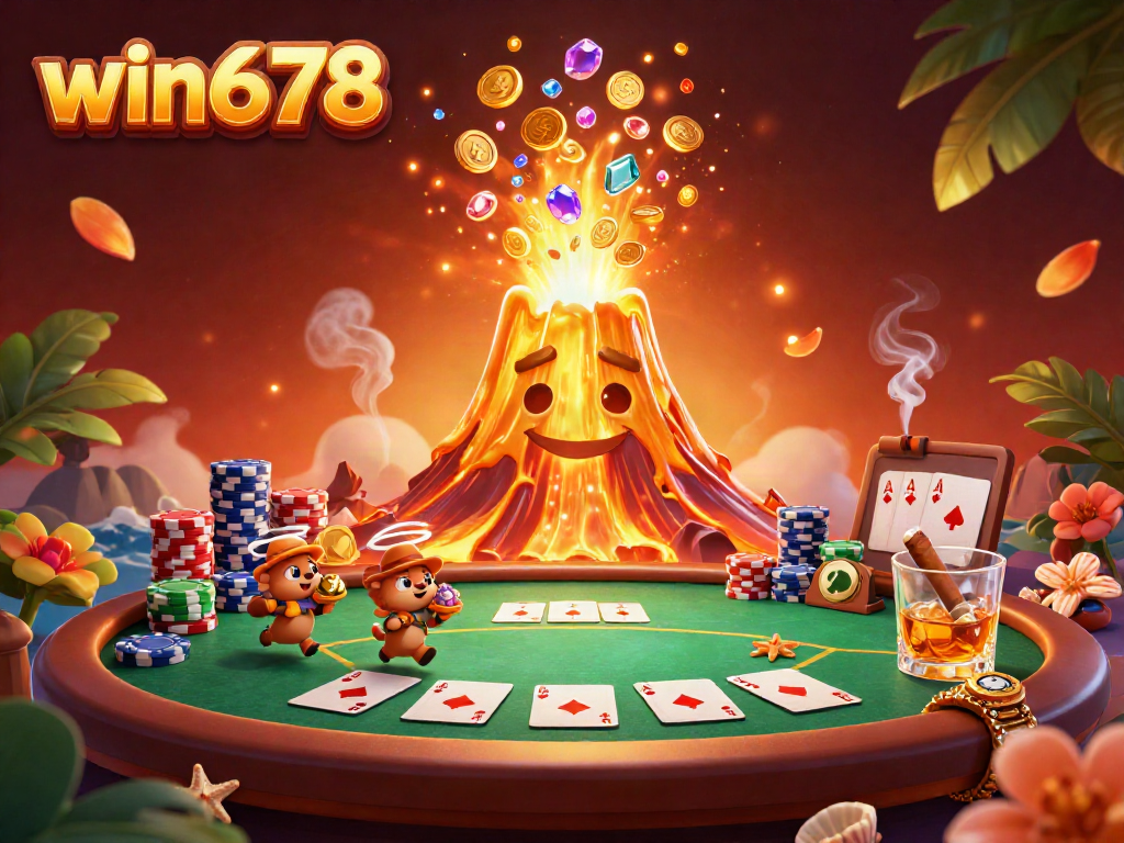 Watch the golden volcano erupt coins and treasures in this vibrant win678 casino scene.