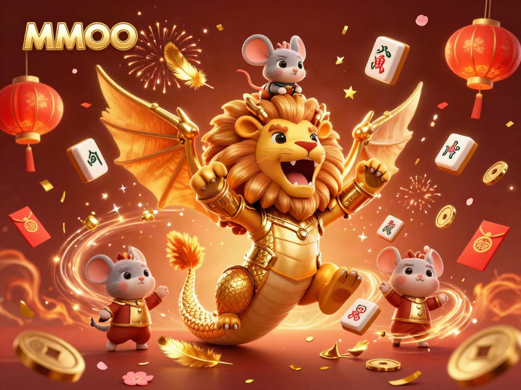 MMOO showcases a triumphant chimera and mouse jockey amid vibrant casino elements, exemplifying engaging gambling art.
