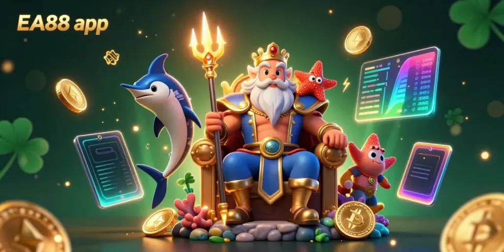 Engage with the exciting EA88 app, featuring Neptune surrounded by crypto and casino elements.