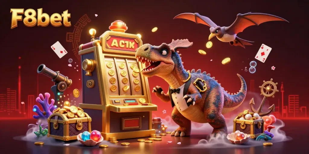 F8bet players experience excitement as a pachycephalosaurus wins jackpots at a vibrant casino scene.