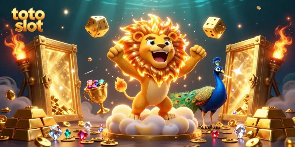 Spin the reels of toto slot with a roaring sun lion and golden treasures shining