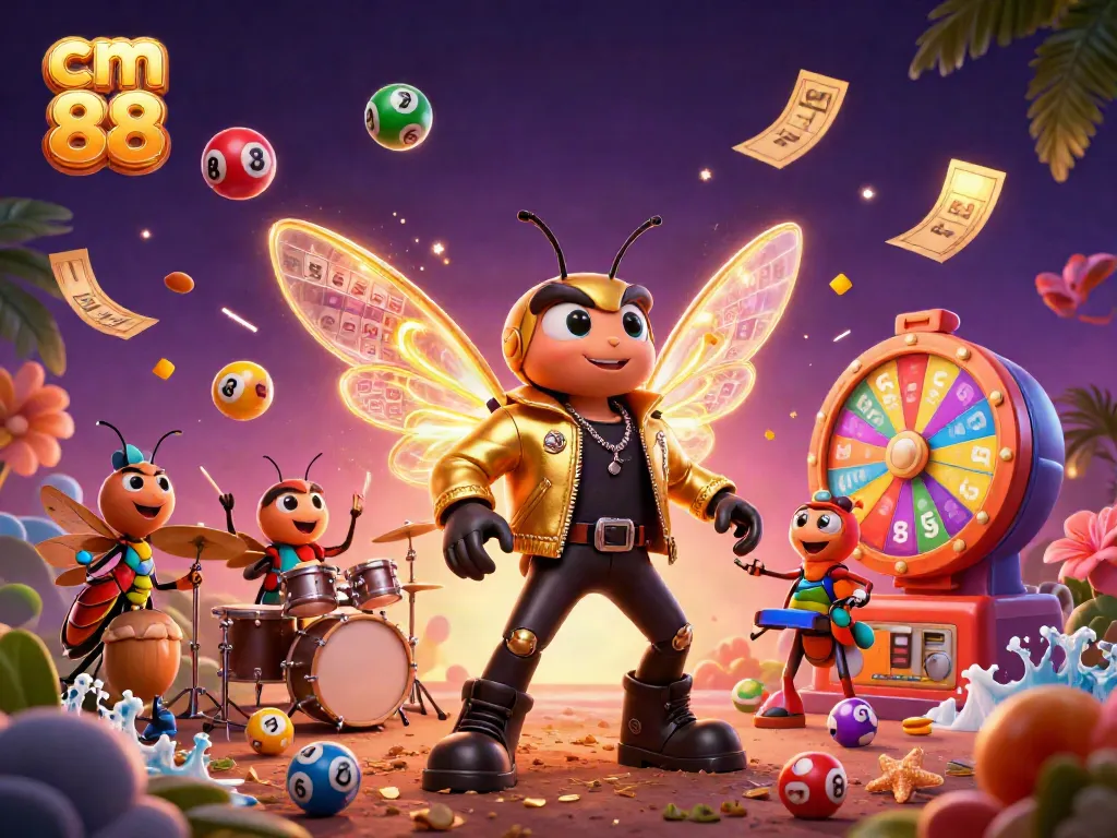 Engage with cm 88 gaming excitement through vibrant illustrations of lottery elements and characters.