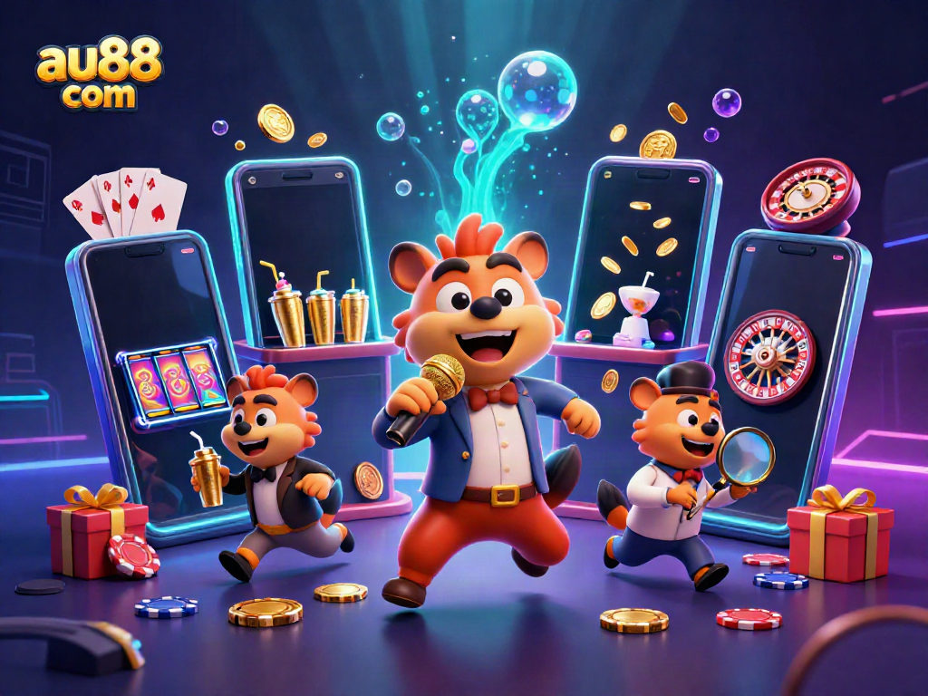Experience the vibrant energy of au88 com with animated hyenas entertaining in a colorful casino setting.