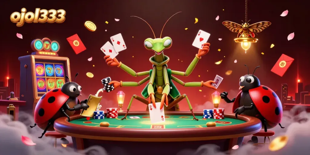 Experience thrilling action with ojol333 and vibrant poker gameplay in this dynamic casino illustration.