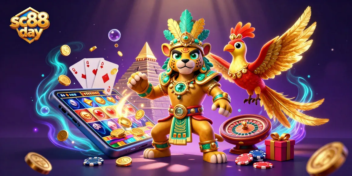 Engage with sc88 day, featuring a vibrant scene of a Mayan priest and gaming elements.