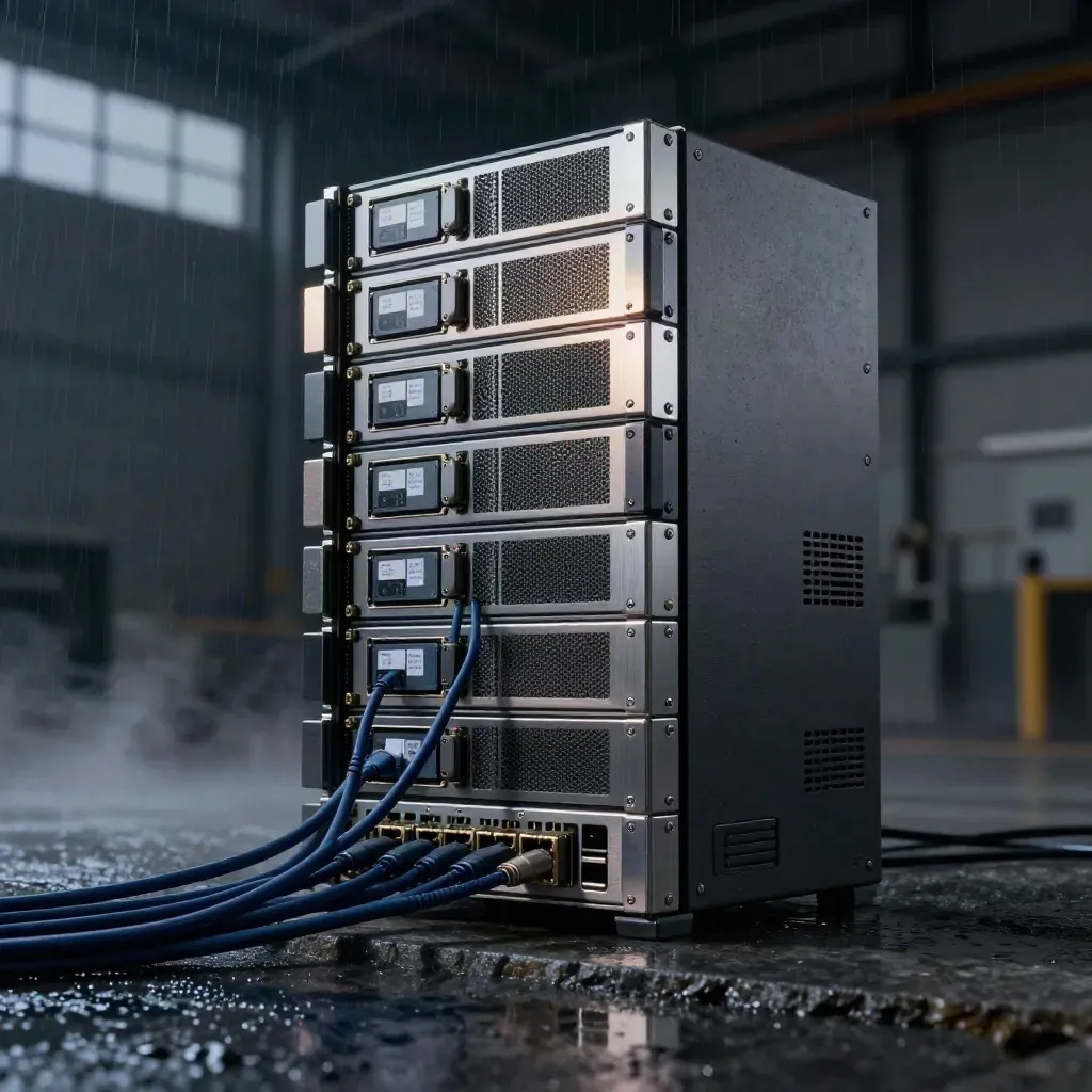 Brushed server blades, SSD cartridges, and UPS block on wet stone with cold rain mist and rim light.